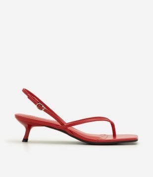 Sandália de Dedo em PU com Tiras e Bico Quadrado Vermelho