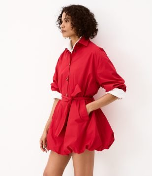 Vestido Balonê em Algodão com Faixa para Amarração Vermelho
