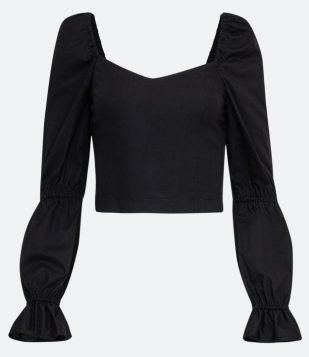  Blusa Cropped em Tricoline com Babado nas Mangas Preto 