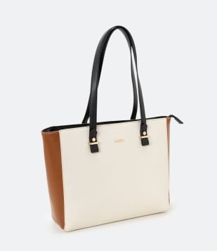 BOLSA SHOPPER COM ALÇA TRANSVERSAL TRICOLOR BEGE