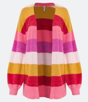 CARDIGAN ALONGADO EM TRICÔ PELUCIADO COM PADRONAGEM LISTRADA MULTICORES
