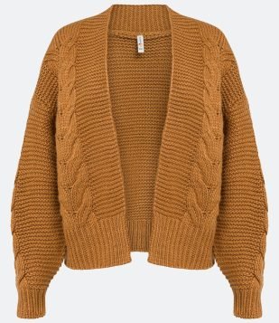  Casaco Aberto em Tricô Texturizado com Ponto Trançado Marrom 