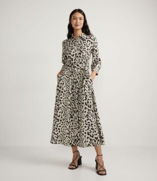  Vestido Midi em Viscose com Estampa Animal Print Bege 