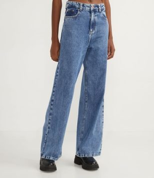  Calça Wide Leg Jeans com Cintura Alta e Pespontos Contrastantes Azul 