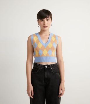  Colete Cropped em Tricô Xadrez com Decote V Azul 