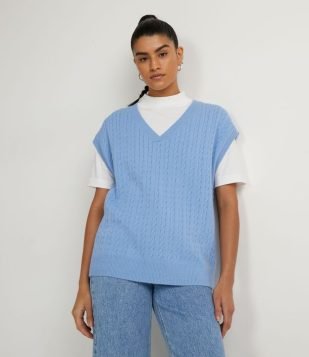  Colete Alongado em Tricô com Ponto Trançado Azul 