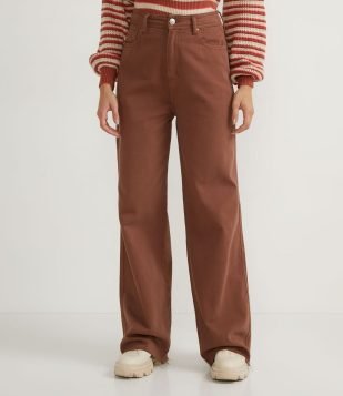  Calça Wide Leg em Sarja sem Estampa Marrom 