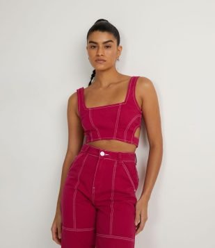  Blusa Regata Cropped em Sarja com Pespontos Contrastantes Rosa 
