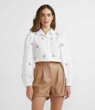  Camisa Manga Longa em Tricoline com Bordados de Flores Branco 