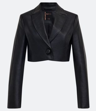  Blazer Cropped em Material Sintético com Botão Forrado Preto 