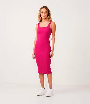 Vestido Midi Básico em Algodão com Decote Quadrado Rosa