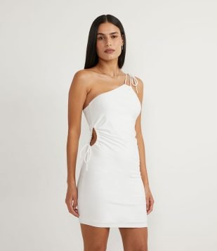 VESTIDO CURTO EM JERSEY COM DECOTE OMBRO SÓ E AMARRAÇÃO BRANCO
