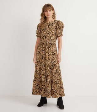 VESTIDO MIDI EM TRICOLINE COM RECORTES E BABADOS NA SAIA BEGE