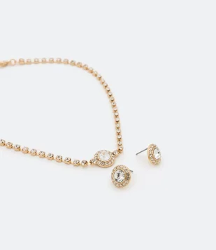 CONJUNTO BRINCO E COLAR EM METAL COM DETALHES EM STRASS DOURADO