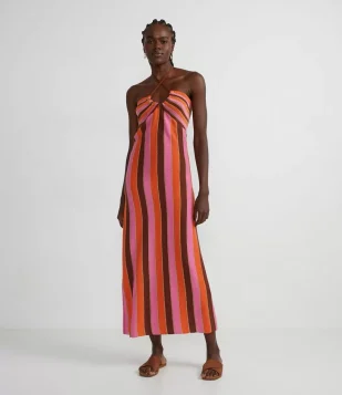 VESTIDO MIDI EM TRICÔ LISTRADO COM FRENTE ÚNICA MULTICORES