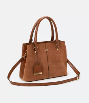 BOLSA SATCHEL COM ALÇA DE MÃO E COSTURA CENTRAL MARROM