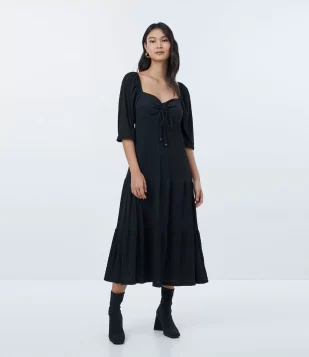 VESTIDO MANGA LONGA COM TEXTURA COM AMARRAÇÃO PRETO