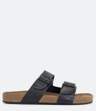 SANDÁLIA SLIDE EM COURO COM TIRAS E FECHAMENTO A FIVELA PRETO