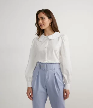 CAMISA MANGA LONGA EM TRICOLINE COM GOLA BONECA BRANCO