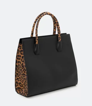 BOLSA SHOPPER ESTRUTURADA COM LATERAL EM ANIMAL PRINT PRETO