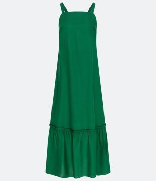 MATERIAL SUSTENTÁVEL VESTIDO MIDI EM VISCOLINHO COM BABADO NA BARRA VERDE