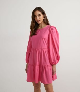 VESTIDO CURTO EM TRICOLINE COM MANGA LONGA BUFANTE ROSA