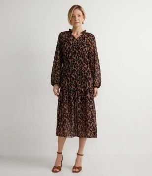 VESTIDO MIDI COM AMARRAÇÃO NA CINTURA E ESTAMPA ANIMAL PRINT ONÇA MARROM