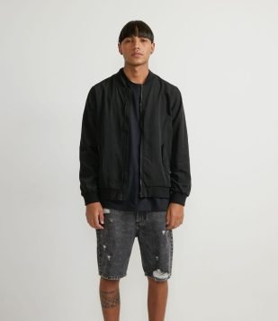 JAQUETA BOMBER COM RIBANA E BOLSOS PRETO