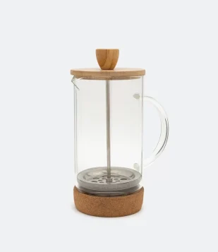 CAFETEIRA PRENSA FRANCESA EM VIDRO DETALHES DE BAMBU BEGE