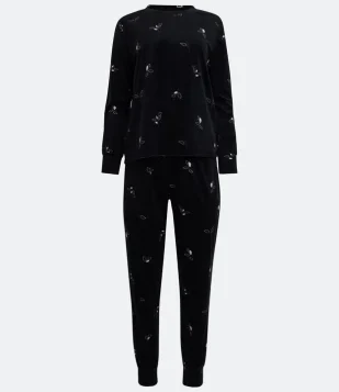 Pijama Longo em Plush com Estampa e Bordado Folhas Preto 