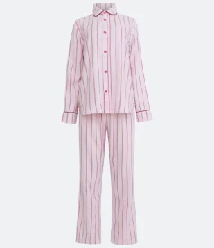 Pijama Americano Longo em Flanela com Estampa Listrada Off white/Rosa 