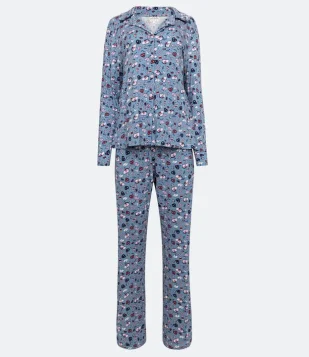 Pijama Americano Longo em Viscolycra com Estampa de Croissants Azul 