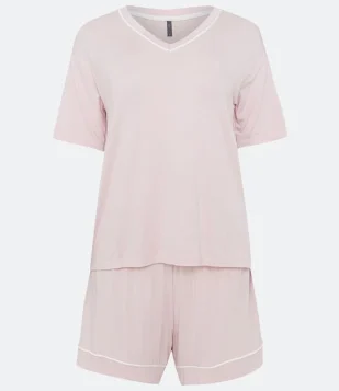 Pijama Short Doll em Viscolycra com Viés Contrastante Rosa 