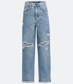 CALÇA MOM JEANS COM PUÍDOS AZUL