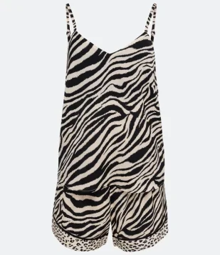 Pijama Short Doll Alcinha em Cetim com Estampa Animal Print Zebra Bege 
