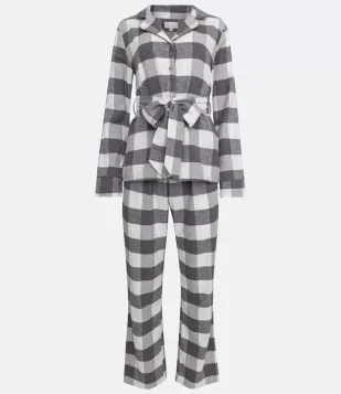 Pijama Longo em Flanela com Amarração na Cintura e Estampa Xadrez Branco/Cinza 