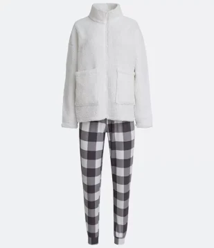Pijama Longo em Sherpa com Zíper Frontal e Estampa Xadrez Branco Neve 