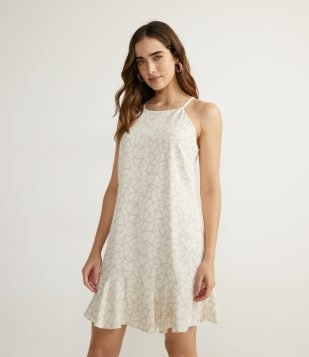 VESTIDO CURTO EM CREPE COM ESTAMPA ESTRELA DO MAR E BABADO NA BARRA BRANCO