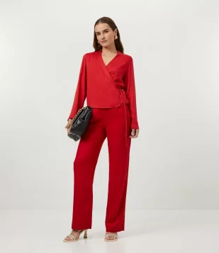 CALÇA PANTALONA ALFAIATARIA EM VISCOSE COM PREGAS VERMELHO