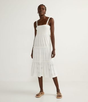 VESTIDO MIDI EM LAISE COM BABADO E ALÇA FINA BRANCO
