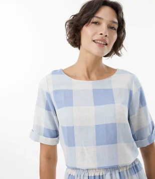 BLUSA EM VISCOSE XADREZ E MANGA DOBRADINHA AZUL