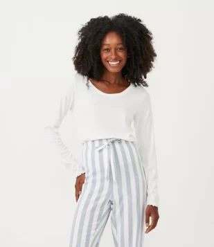Blusa de Pijama em Ribana com Textura Canelada Branco Neve 