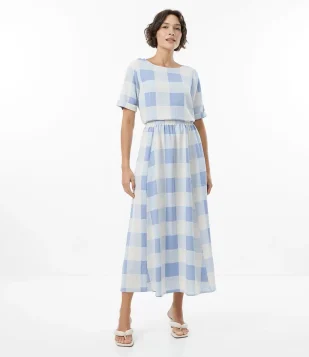 SAIA MIDI EM VISCOSE COM ESTAMPA XADREZ VICHY AZUL