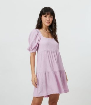 VESTIDO CURTO EM VISCOSE TEXTURIZADO COM MANGA BUFANTE ROXO