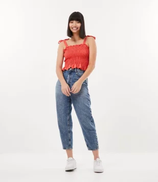 CALÇA BALLON EM JEANS COM ETIQUETA APLICADA AZUL