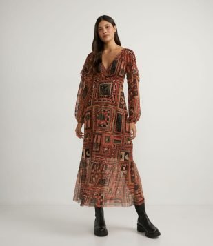 VESTIDO MIDI EM TULE COM MIX DE ESTAMPAS MARROM