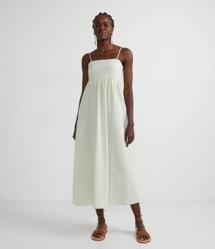 MATERIAL SUSTENTÁVEL VESTIDO LONGO EM ALGODÃO TEXTURIZADO COM AMARRAÇÃO NAS COSTAS VERDE