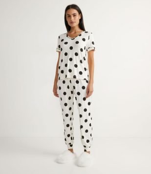 CALÇA DE PIJAMA EM VISCOLYCRA COM ESTAMPA POÁ BRANCO