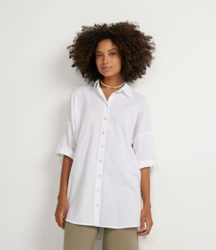 CAMISA ALONGADA EM LINHO COM MANGA 3/4 BRANCO