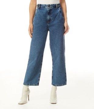  Calça Reta Jeans com Botões no Cós Azul 